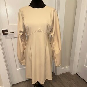 Zara Cream Neoprene Effect Mini Dress with round neckline, long full sleeves